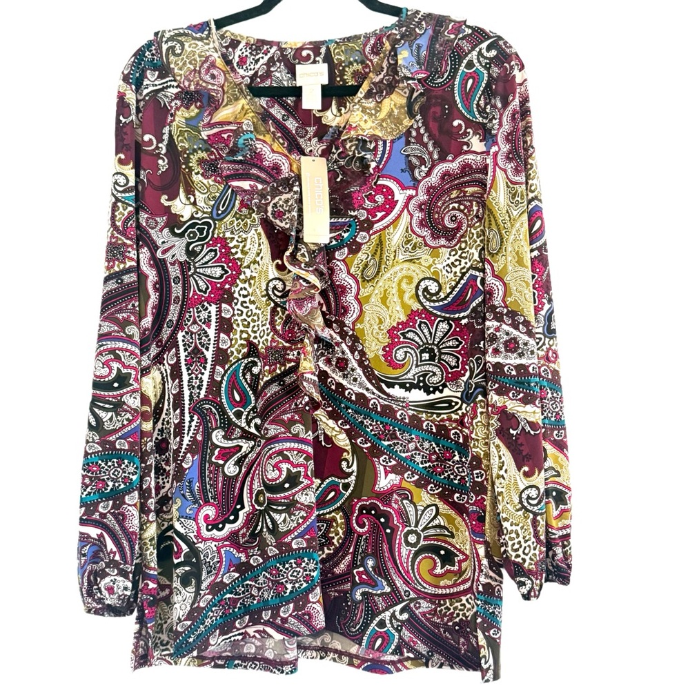 Chico's Ruffle Neckline Long Sleeve Paisley Blouse